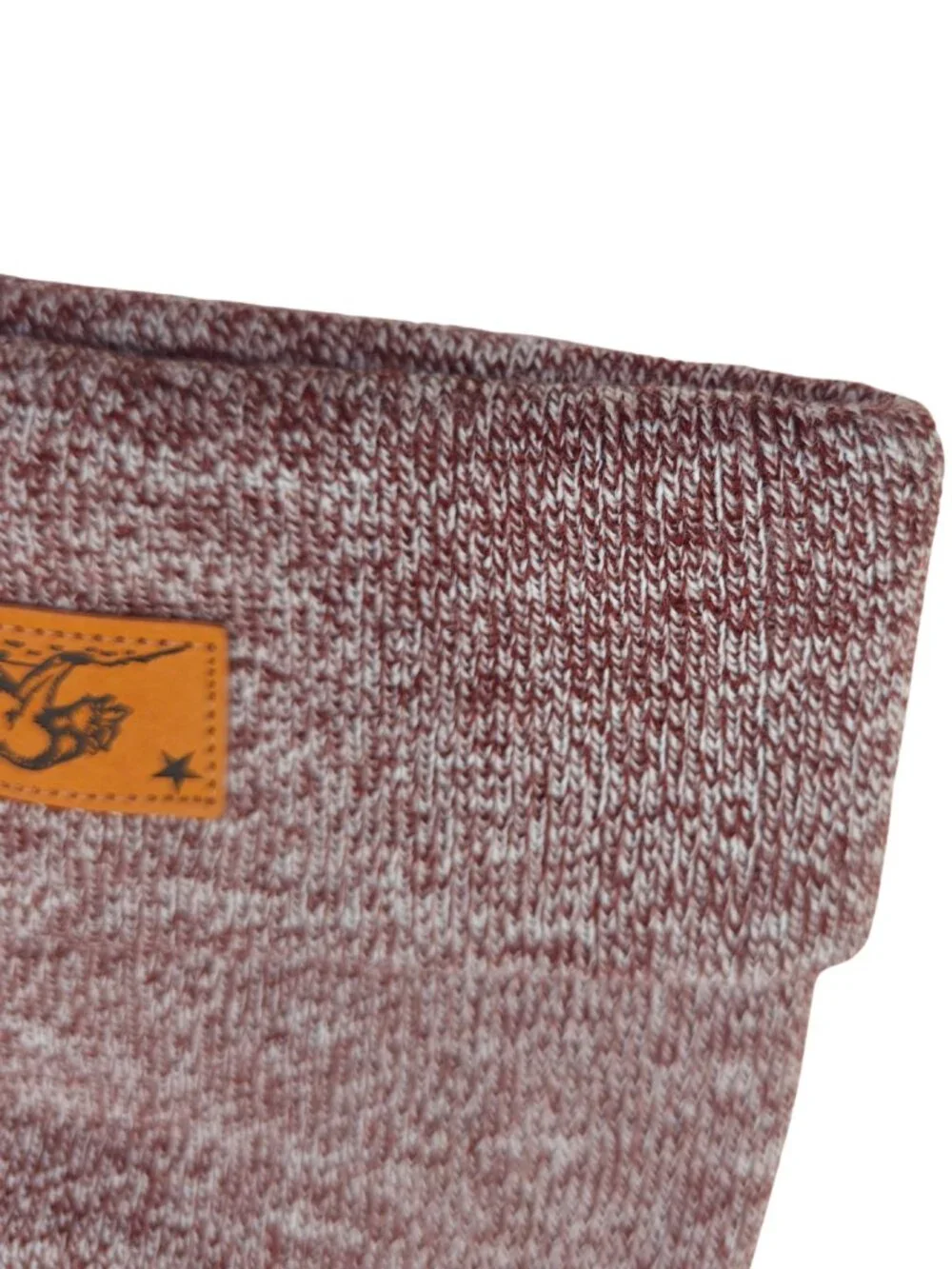 Techstyles Unisex Heathered Burgundy & White Beanie w/ Faux Leather Logo Patch